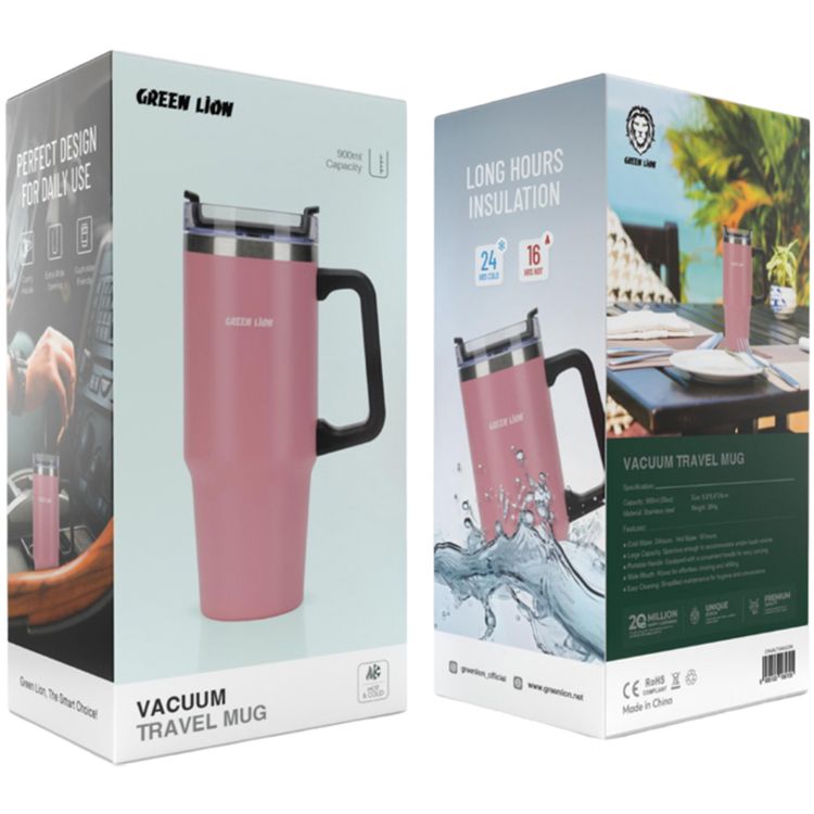 Green Lion Vacuum Travel Mug, 16 Hours Hot Retention & 24 Hours Cold Retention, Stainless Steel Material, Comfy & Portable Handle, Extra Wide Opening, Cup Holder Friendly - Pink