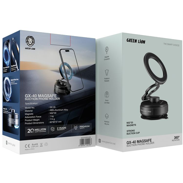 Green Lion GX-40 MagSafe Suction Phone Holder with Strong Suction Cup, MagSafe Compatible, Foldable & Rotatable, 360° Rotation, 1kg Adsorption Force, Vacuum Adsorption - Black