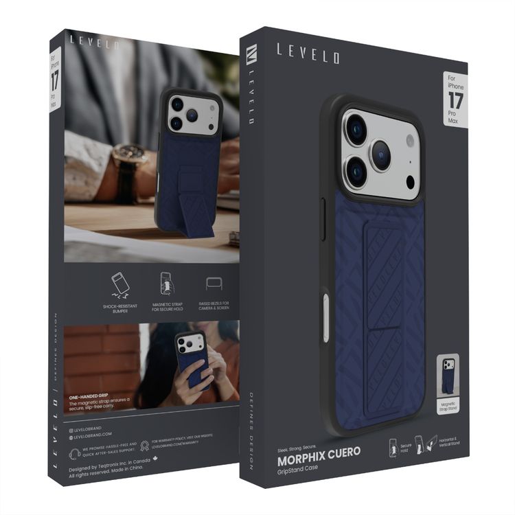 Levelo Morphix Cuero GripStand Case for iPhone 17 Pro Max, Raised Bezels for Camera & Screen, Shock-Resistant Bumper, Secure Hold, Horizontal & Vertical Viewing - Midnight Blue
