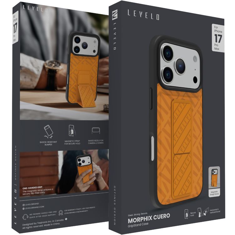 Levelo Morphix Cuero GripStand Case for iPhone 17 Pro Max, Raised Bezels for Camera & Screen, Shock-Resistant Bumper, Secure Hold, Horizontal & Vertical Viewing - Sunrise Orange
