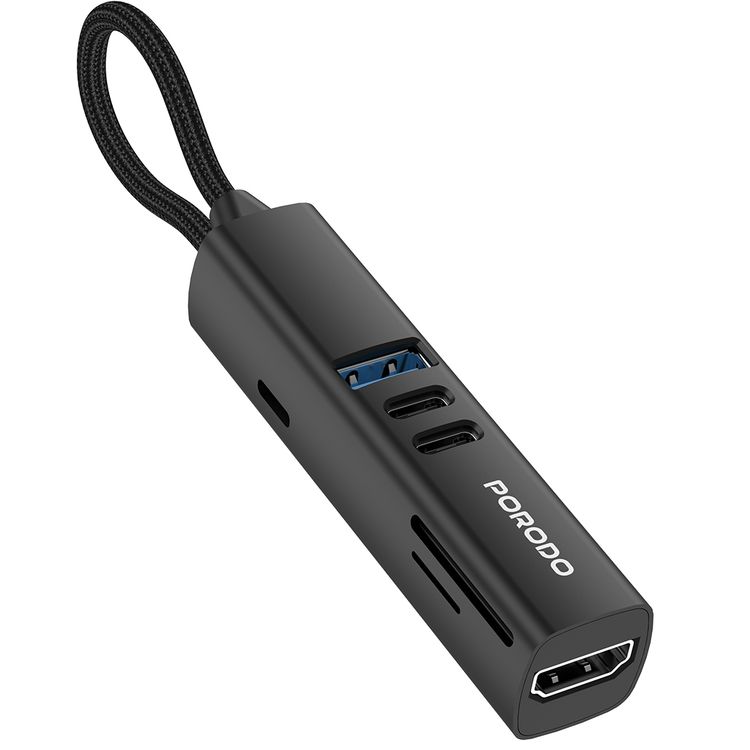 Porodo 7-in-1 Multi-Port USB Hub, 100W Power Delivery, Compatible with Windows, macOS, ChromeOS, Nintendo Switch, Fast Data Transfer, Aluminum Alloy Material, Plug & Play Operation - Black