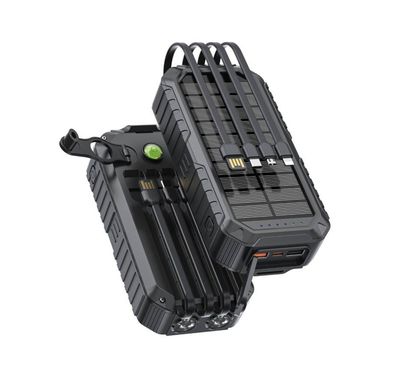 Green Lion Solar Mate Power Bank, ABS + PC + Fireproof V0 Material, 20000mAh Battery Capacity, 4 Built-in Cables, Dual Flashlights - Black
