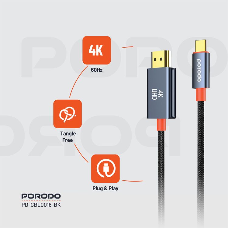 Porodo Aluminum Alloy Woven Cable Type-C to HDMI, 2m Cable Length, Ultra HD 4k Resolution, Plug & Play, Tangle Free - Black