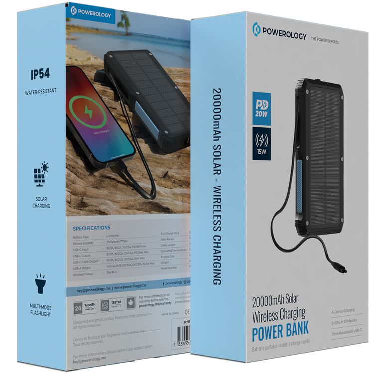 Powerology 20000mAh Solar Wireless Charging Power Bank with Simultaneous Charging, Multi-Mode Flashlight, 0% - 65% Charging in 35 Minutes, 70mm Cable Length - Black