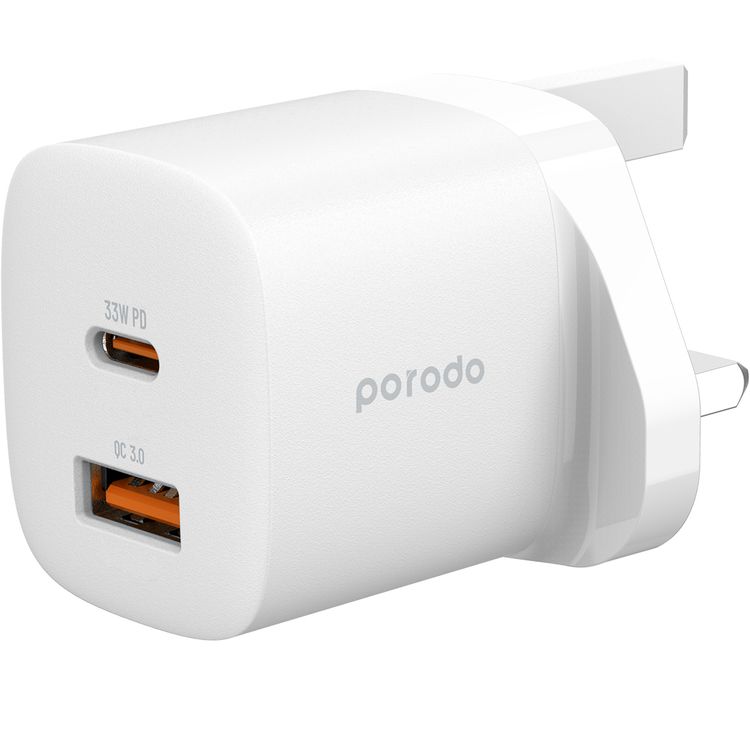 Porodo GaN Quick Charger Power Adapter with 33W Power Delivery, Simultaneous Charging, 30W USB-A Output, UK 3-Pin Plug, 0% to 60% Charge in 35 Minutes, Fast Charging Support - White