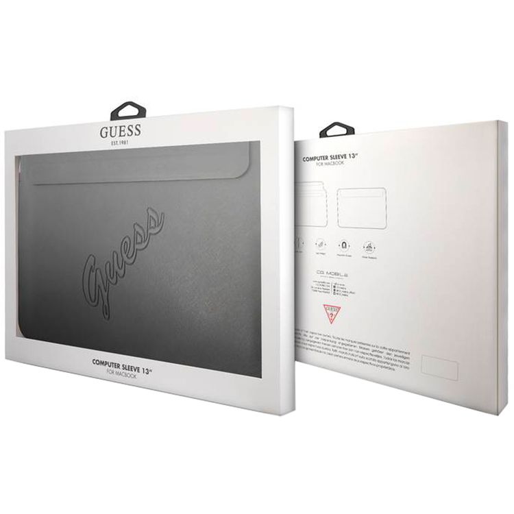 Guess PU Saffiano Script Computer Sleeve 13" with High-Quality Synthetic Leather Material, Water Resistant, Magnetic Closure - Black