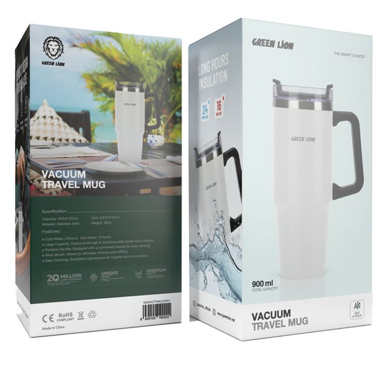 Green Lion Vacuum Travel Mug, 16 Hours Hot Retention & 24 Hours Cold Retention, Stainless Steel Material, Comfy & Portable Handle, Extra Wide Opening, Cup Holder Friendly - White