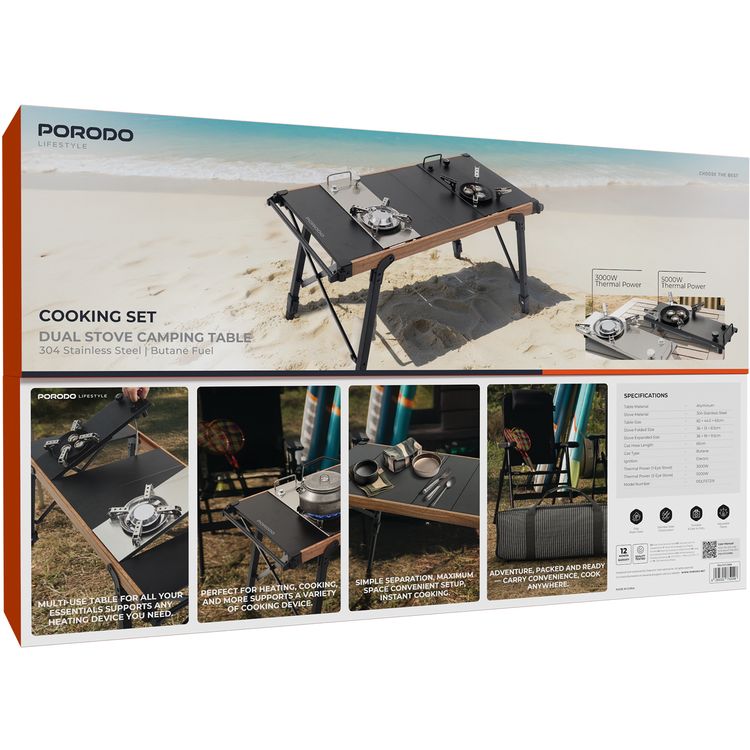 طقم طهي بورودو مع موقد مزدوج طاولة تخييم بلهب قابل للتعديل، إشعال كهربائي، محمول وسهل الحمل، تنظيف سهل بالمسح، طول خرطوم الغاز 65 سم، تصميم متعدد الوظائف - أسود