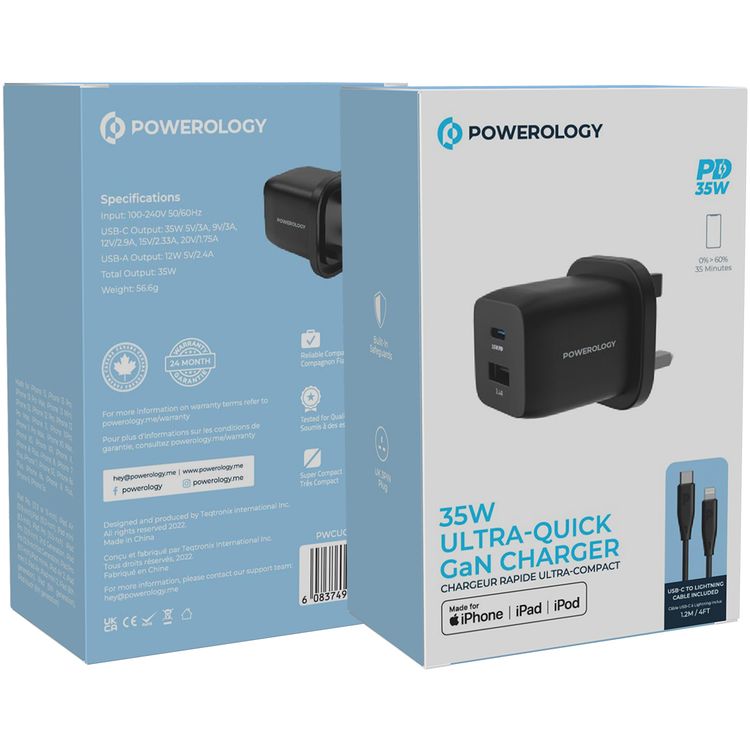 Powerology Ultra-Quick 35W GaN Charger with Type-C to Lightning Cable, 1.2m Cable Length, 35W USB-C Output, Built-in Safeguards, 0%-60% Charge in 35 Minutes - Black