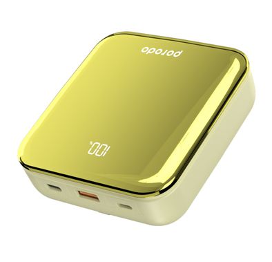Porodo Compact Power Bank 20000mAh with Out Cable USB-A, Type-C and Lightning, 20W Power Delivery, Simultaneous Charging - Gold 