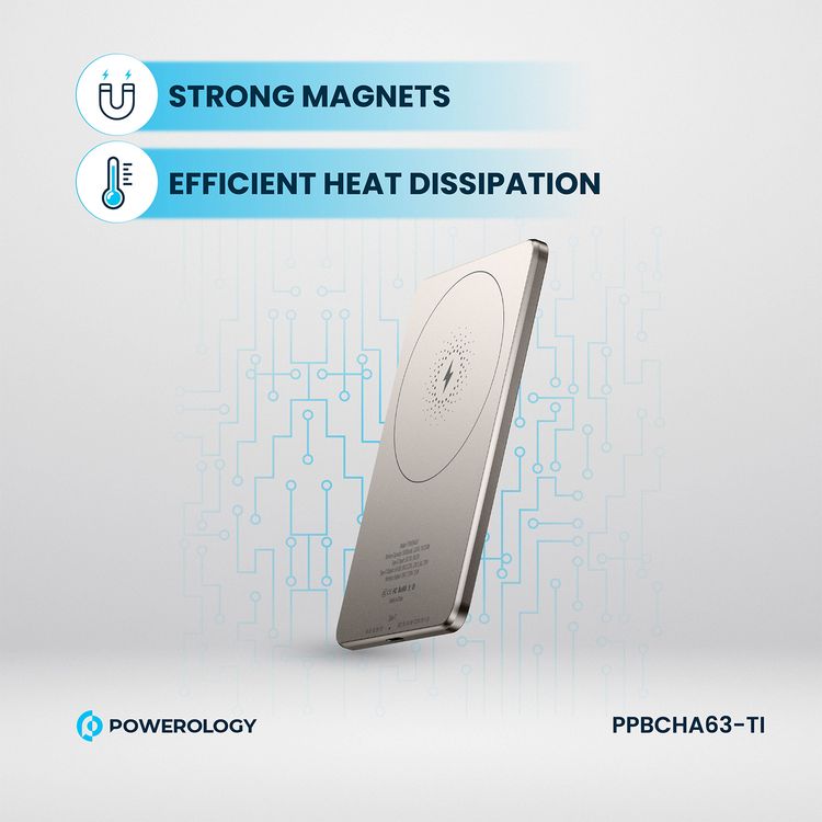 Powerology Ultra-Thin 5000mAh MagSafe Power Bank, Portable & Lightweight, Efficient Heat Dissipation, Aluminum Housing, Built-In Safeguards, Strong Magnet - Titanium