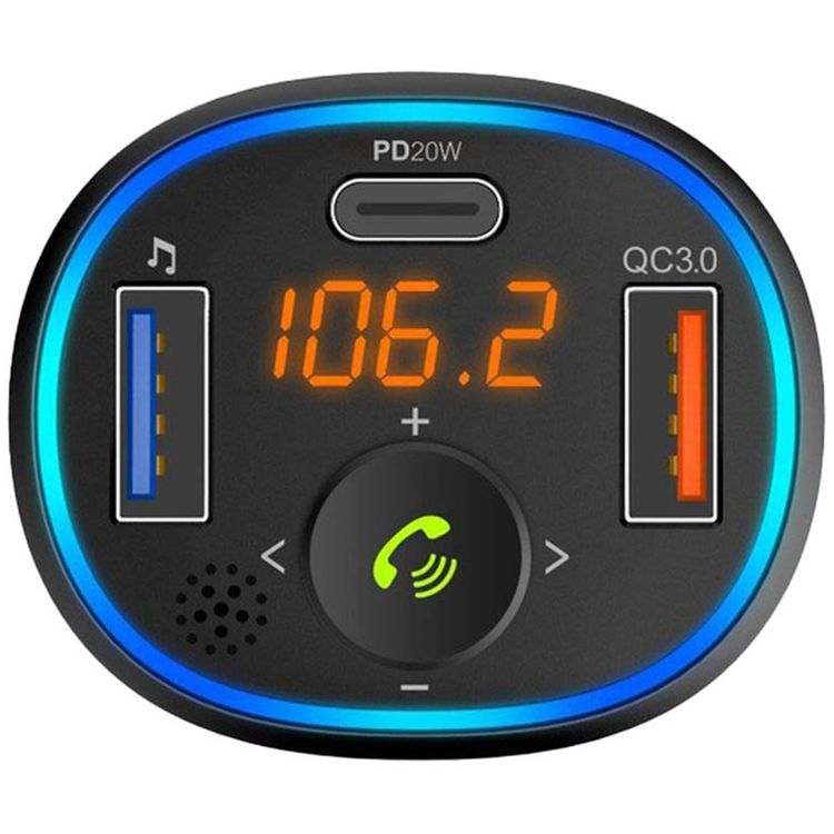 Green Lion Wireless Hands-Free Car Charger with Built-in FM Transmitter, Type-C & USB-A Ports, PD 20W & QC 3.0, Bluetooth Version 5.0, ABS Shell Material, 5m Bluetooth Range, Fast Charging, Buttons Control - Black
