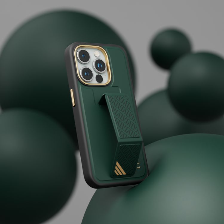 Levelo Morphix Cuero Gripstand Case for iPhone 15 Pro, Multi-Positioning Modes, PU Leather Material, Shock-Proof Edges - Green