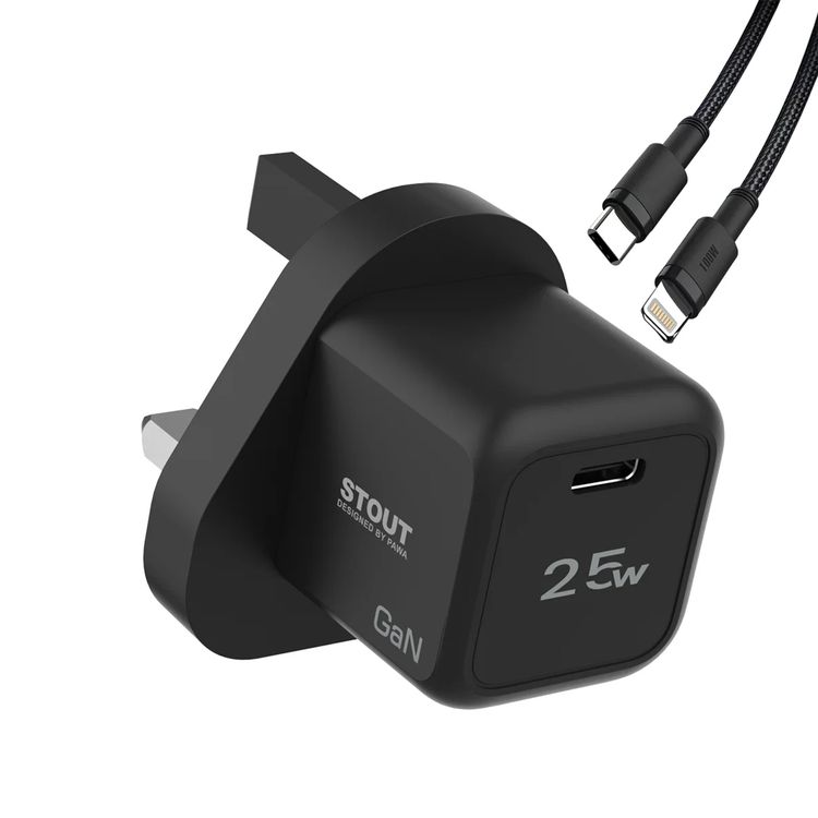 Pawa Stout GaN Travel Charger with Type-C to Lightning Cable, 25W Total Output Power, Low Temperature & Fire Protection, 1.2m Cable Length, Fast Charging - Black