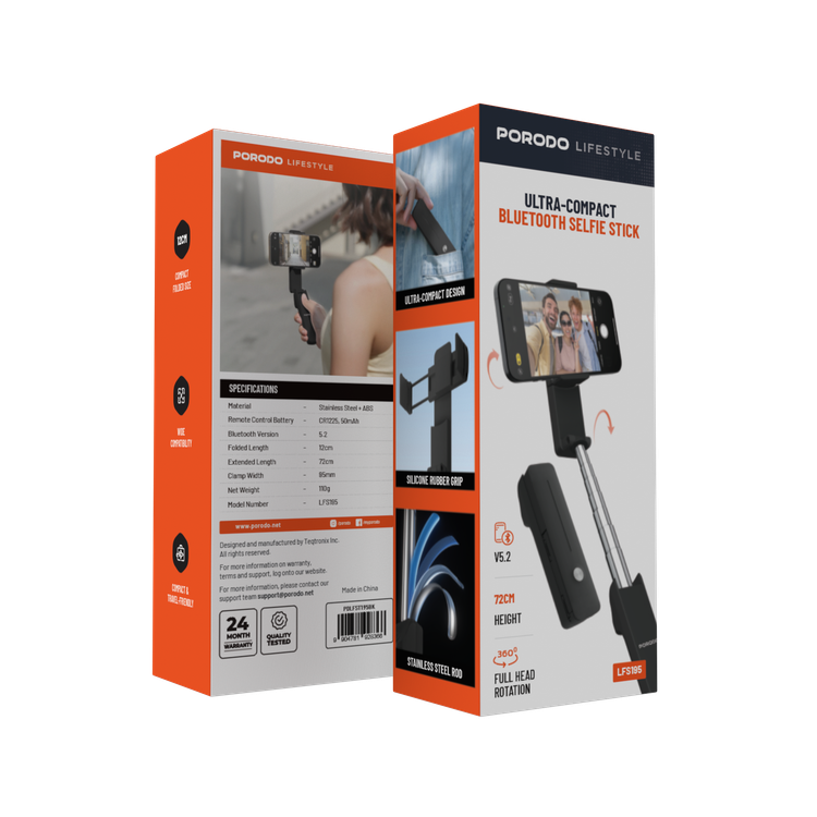 Porodo Ultra-Compact Bluetooth Selfie Stick with 360° Full Head Rotation, 12-72cm Adjustable Height, Bluetooth Version 5.2, 50mAh Remote Control Battery, 95mm Clamp Width, Wide Compatibility, Stainless Steel & ABS Materials - Black
