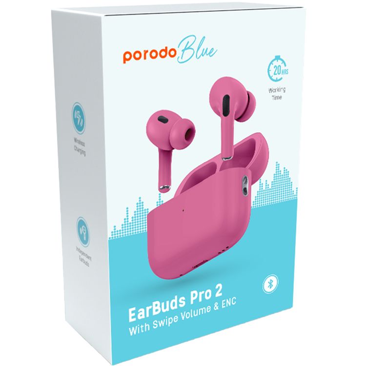 Porodo Blue Earbuds Pro 2 With Swipe Volume, 20 Hours Working Time, Wireless Charging, Deep Bass, Independent Earbuds, Touch Control - Pink