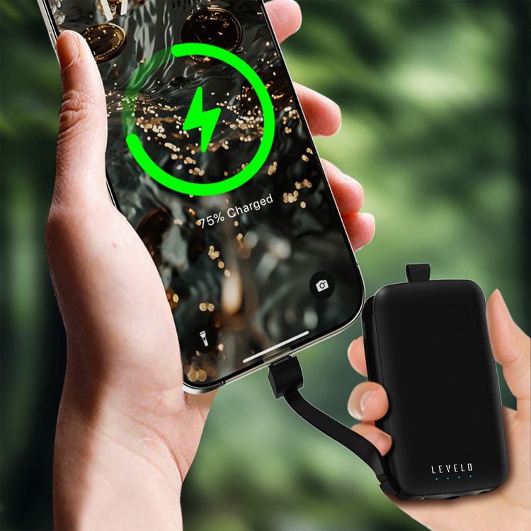 Levelo Nano Mini Portable Keychain Power Bank with Type-C & Lightning Heads, LED Indicator, Simultaneous Charging, Fast Charging Support, 4000mAh Battery Capacity - Black