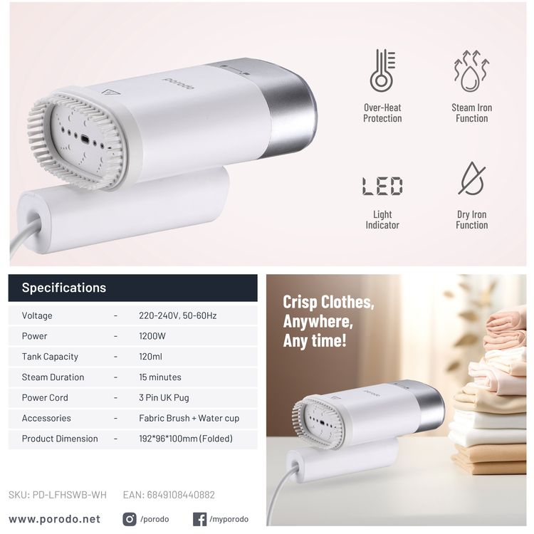 Porodo LifeStyle Compact Folding Garment Steamer Continuous Steam & Detachable Water Tank - White