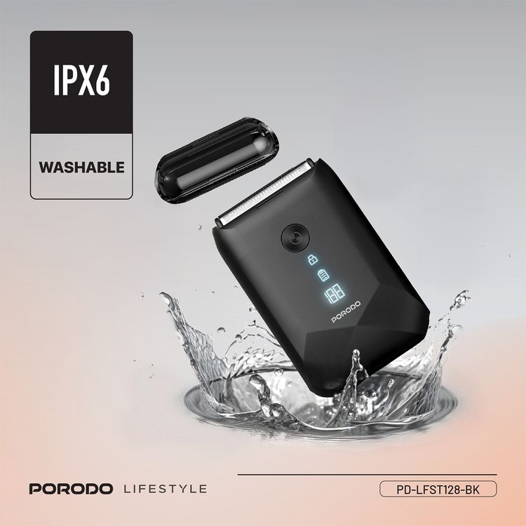 Porodo Lifestyle Dual-Blade Pocket Shaver with Travel Lock, Dual-Blade, Digital Display, Type-C Charging, 600mAh Battery, 8000RPM Motor Speed, Lightweight & Portable - Black