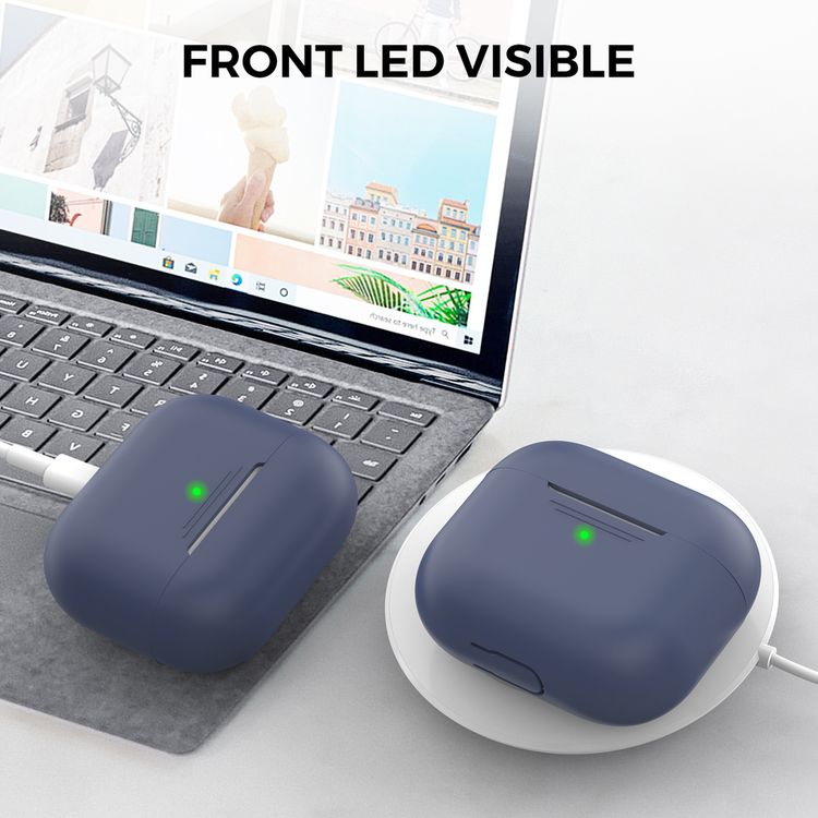 AhaStyle PT176-NB Full Cover Silicone Case for Airpods 3 Drop Shock Protection, Front LED Visible Cover with Carabiner Suitable with Wireless Chargers - Blue