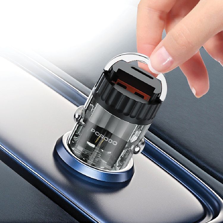 Porodo Dual Port Transparent Car Charger with USB-C to USB-C Cable, PD 36W, QC 18W, USB-A & USB-C Ports, Pull Ring Handle, Fast Charging Technology, Smart Charging Protocols, Universal Compatibility - Black