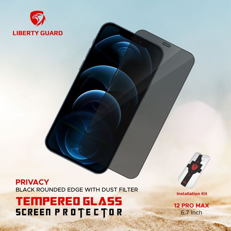واقي شاشة كامل للخصوصية من Liberty Guard بحافة مستديرة سوداء مع فلتر غبار لهاتف iPhone 12 Pro Max