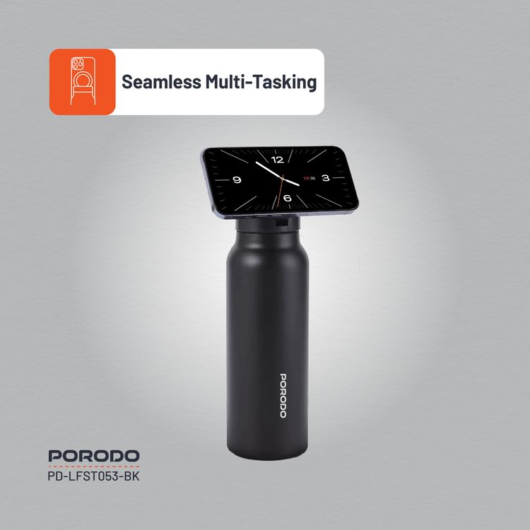 Porodo Magnetic Mount Water Bottle with Strong Magnetic Hold, Stainless Steel Material, Double-Wall Insulation, Versatile and Portable, Strong Magnetic Hold, Works with MagSafe, Wide Round Mouth - Black 
