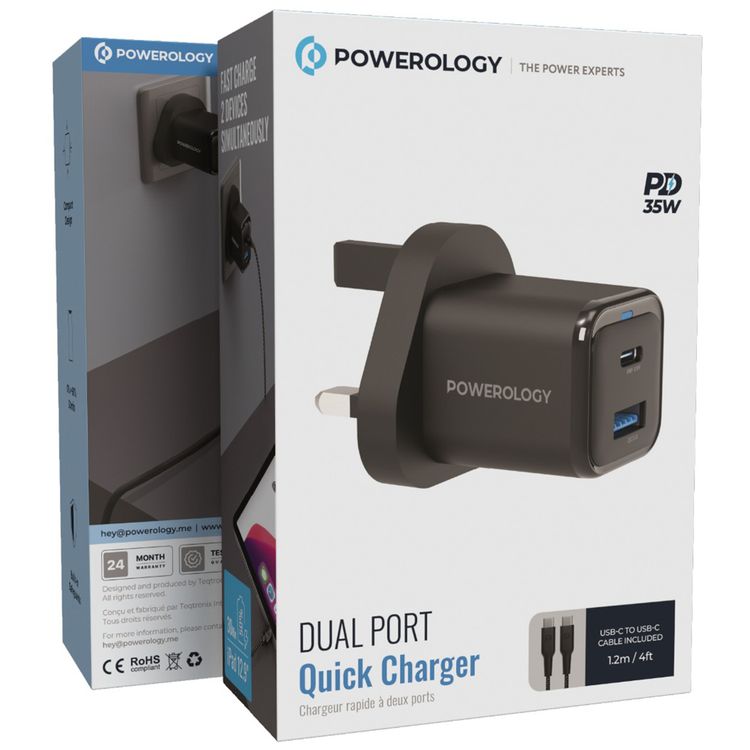 شاحن Powerology ثنائي المنفذ فائق الصغر وسريع مع كابل مضفر من USB-C إلى USB-C، بروتوكول PPS بقوة 33 وات، مخرج USB-C بقوة 35 وات، مخرج USB-A بقوة 18 وات - أسود 