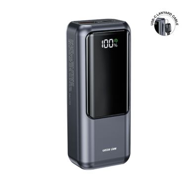 Green Lion Compact 10 Power Bank with 10000mAh Battery Capacity, Digital Display, Safety Protection, Flight Approved, USB-C Lanyard Cale, PD 20W Fast Charging, USB-A & USB-C Output Ports - Gray