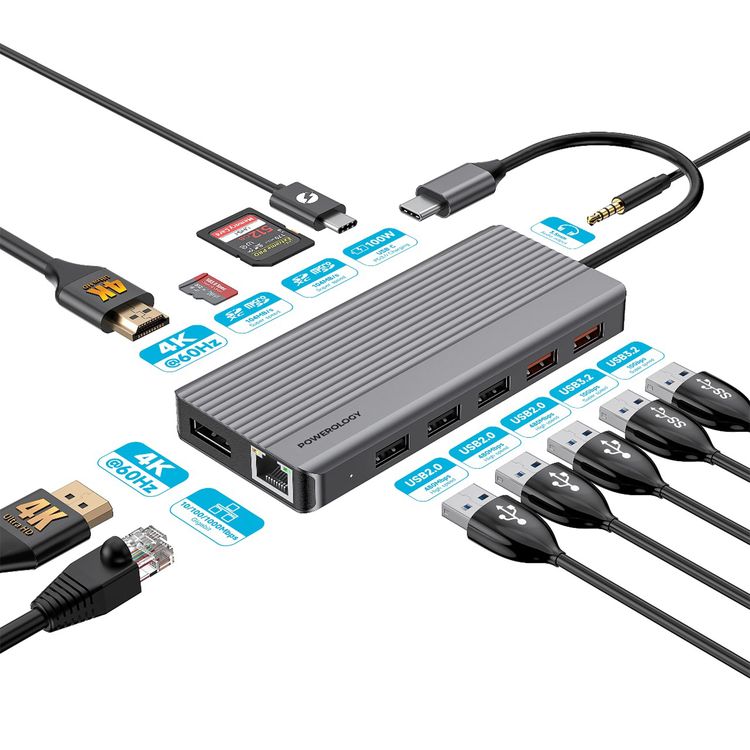 Powerology 12 in 1 - Hdmi & DP 4K Usb-C Hub Ethernet 10Gbps Data Transfer - Gray