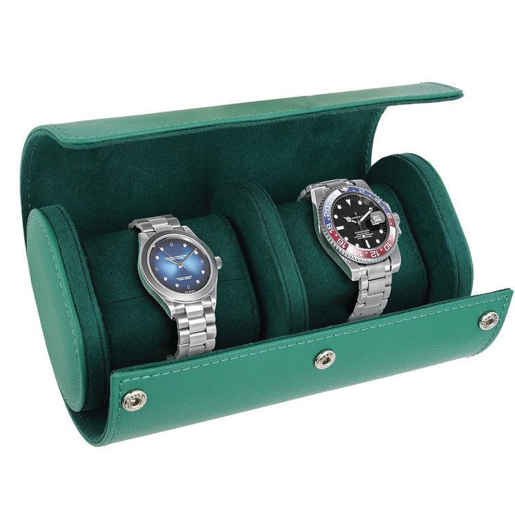 Green Lion Duo Watch Roll Case with 2 Watch Slots, Genuine Leather, Snap-Button Closure, Protective Interior, Compact Storage, Versatile Use - Rolex Green