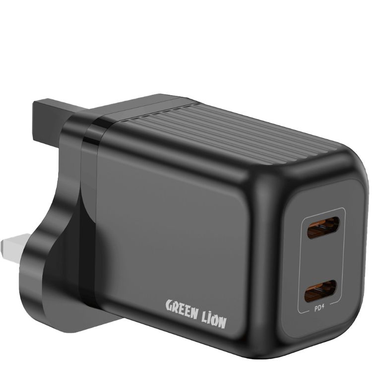 Green Lion Ultra Compact GaN Wall Charger with Type-C to Type-C Cable, PD 45W, Dual USB-C Ports, PC Flame Retardant Material, 3-Pin UK Power Plug, Charging Protection, GaNStorm Technology - Black