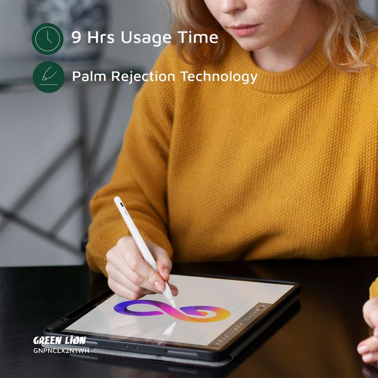 Green Lion Pencil X Universal Pen with LED Indicator, Dual System Support, 1.2mm POM Nib, 125mAh Battery, 8-9 Hours Usage Time, 5 Minutes Auto Power Off Function, Replaceable Tip, Magnetic Attachment - White