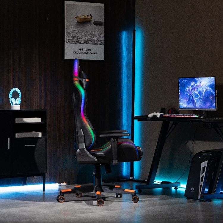 Porodo Gaming Ergonomic RGB Gaming Chair with Molded Foam Seat & 2D Armrest, 350mm Nylon Base, 60mm Wheels, Ergonomic Comfort Design, Adjustable Armrest, Built-in Speakers - Black / Orange