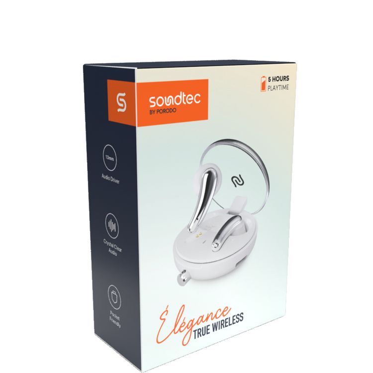 Porodo Soundtec Elegance True Wireless Earbuds with Crystal Clear Audio, Ergonomic Design, 5 Hours Play Time, Touch Controls, Pocket Friendly, Compact and Lightweight Design - White