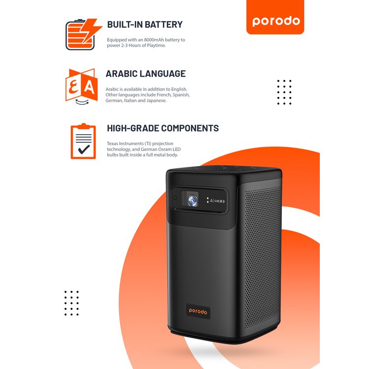 Porodo Portable DLP Projector with Wireless Mirroring for iOS and Android, 8000mAh Battery, 2-3 Hours Working Time, 180 ANSI Brightness, 16:9  Screen Ratio, 2 Integrated Speakers - Black