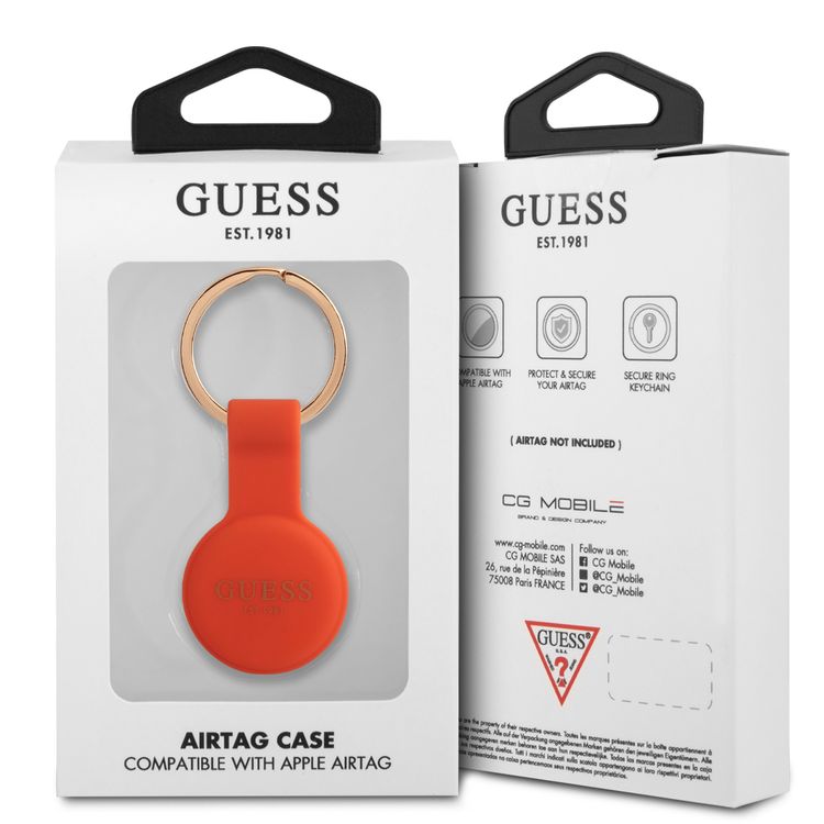CG MOBILE Guess Silicone Classic Logo Case with Keychain Compatible for Airtag, Portable Protective Skin Cover, Anti-Lost Holder with Key Ring Suitable for AirTag Bluetooth Tracker, Easy to Attach Keys, Backpacks, Liner Bags Officially Licensed - White Orange