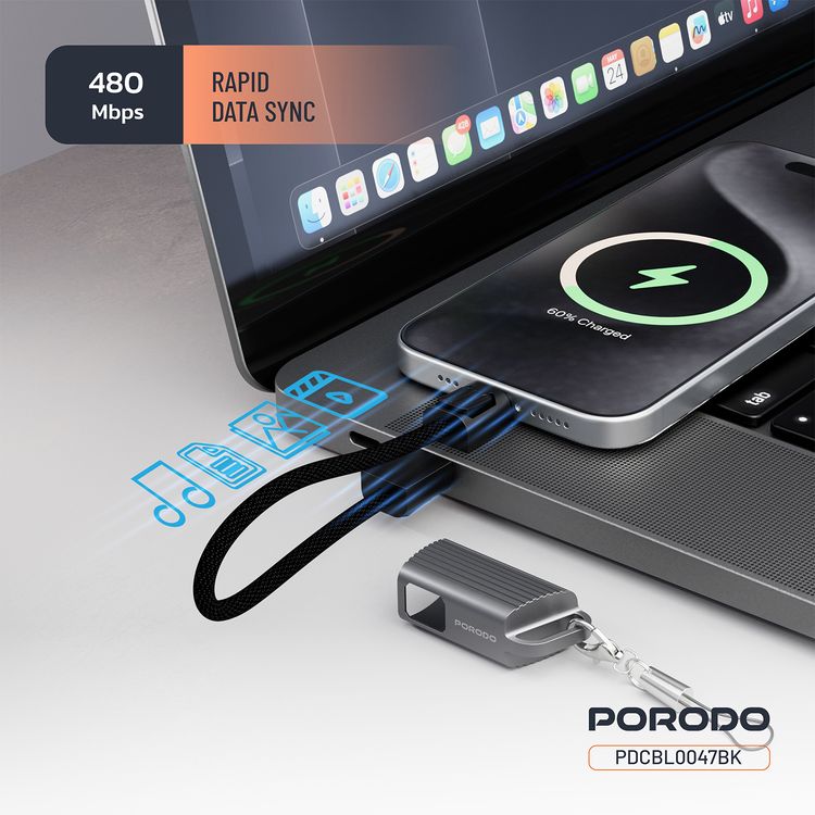 Porodo Chargeloop Keychain USB-C to USB-C Data Cable with 60W PD Output, 480Mbps Data Transfer Rate, 20cm Cable Length, Durable Zinc Alloy & Nylon Braided Material, High-Speed Charging, Compact Design - Black