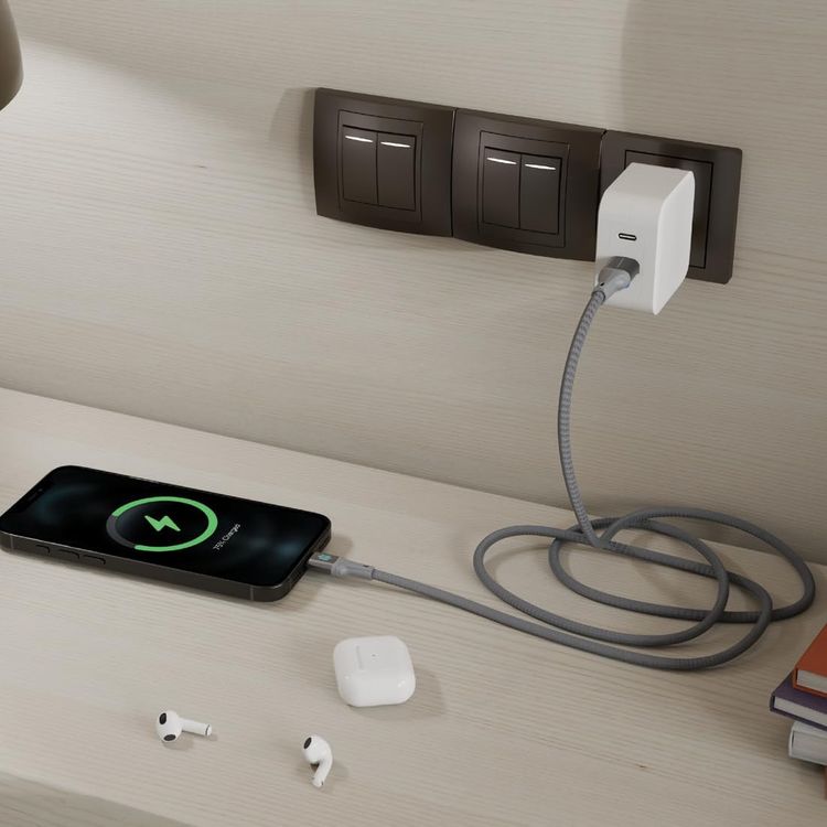 كابل شحن ونقل بيانات من بورودو USB-A إلى USB-C بمخرج PD بقوة 27 وات، معدل نقل بيانات 480 ميجابت في الثانية، طول الكابل 1 متر، مادة مضفرة متينة، مقاومة للتشابك، شحن مثالي، متانة محسنة - رمادي