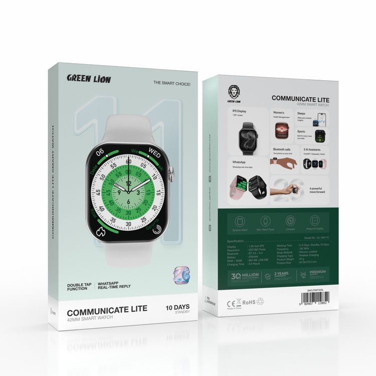 Green Lion Communicate Lite 42mm Smart Watch with 1.85 Inch IPS Display, 230mAh Battery Capacity, 2-3 Days Working Time, 10 Days Standby Time, Bluetooth Version 3.0 + 5.4, Wireless Charging, Double Tap Function, Dynamic Island, Always-On Display, 500+ Watch Faces - Silver