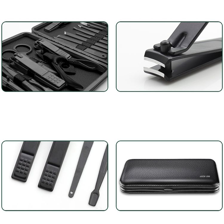  مجموعة أدوات مانيكير وباديكير 15 في 1 من غرين ليون، مجموعة مقص أظافر من جلد البولي يوريثان المقاوم للصدأ ، مجموعة أدوات غير قابلة للانزلاق ، مجموعة أدوات تجميل محمولة للسفر للجنسين ، العناية بالوجه والبشرة والأظافر - أسود