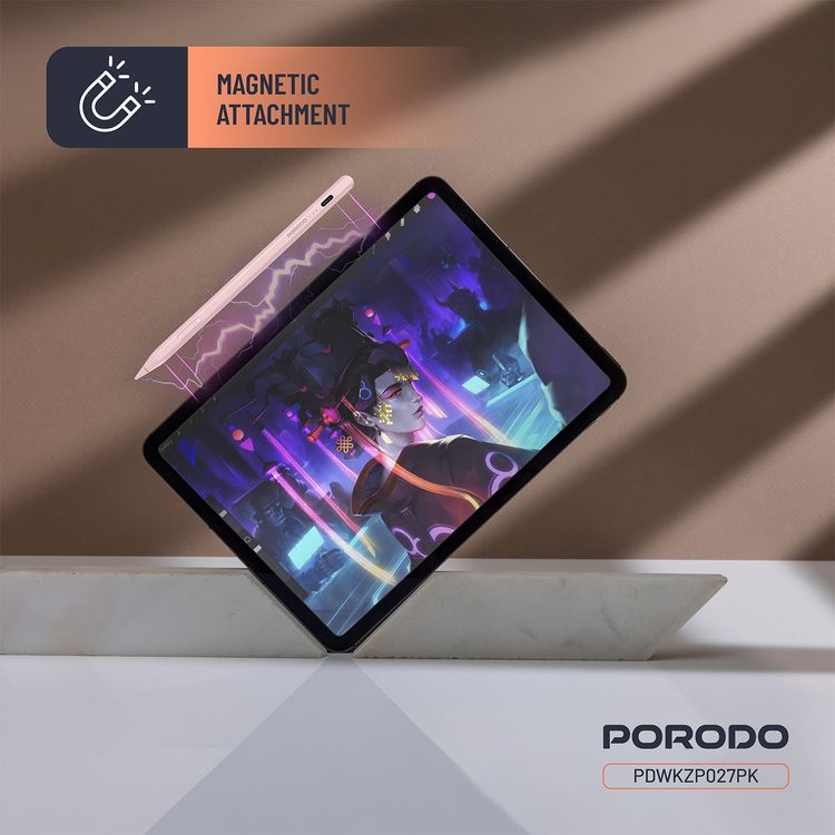قلم Porodo مغناطيسي لأجهزة iPad، مقاس ريشة 1.2 مم، وقت عمل مستمر يصل إلى 9 ساعات، مصنوع من سبيكة الألومنيوم، منفذ شحن USB-C، بطارية 130 مللي أمبير في الساعة، متوافق مع موديلات iPad من 2018 إلى 2024، بدون تأخير، شحن سريع - وردي