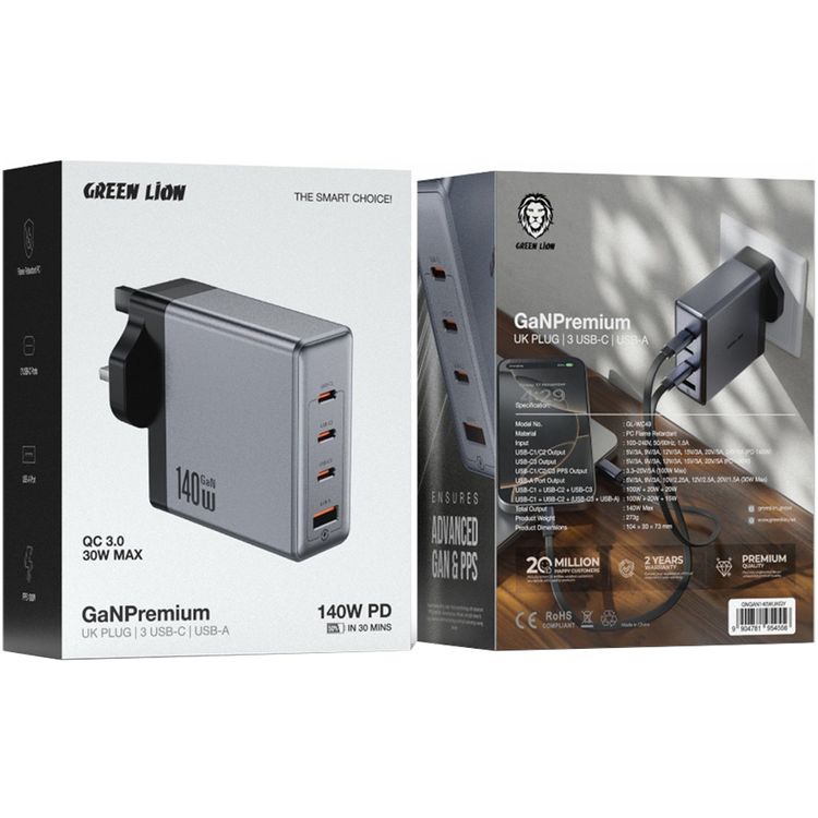 Green Lion GaNPremium Wall Charger with PD 140W, QC 3.0 30W, 100W PPS, 1× USB-A & 3× USB-C Ports, PC Flame Retardant Material, 3-Pin UK Power Plug, Fast Charge Support, GaN Technology - Gray