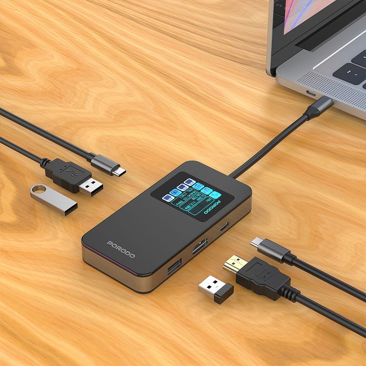 Porodo 6-in-1 Multi-Port USB-C Hub with Smart Digital Display, 150mm Cable Length, 4K@60Hz HDMI Output, 100W Power Delivery, High-Speed Data Transfer, Plug & Play Operation - Gray