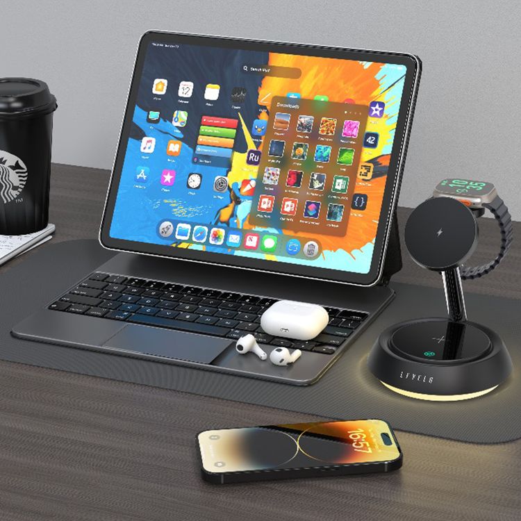Levelo Sienese 3-in-1 Wireless Charger with MagSafe Compatibility, 15W Output Power, 0.8kg Magnetic Attraction, Heat Dissipation System, Anti-Slip Mat, Night Light - Black