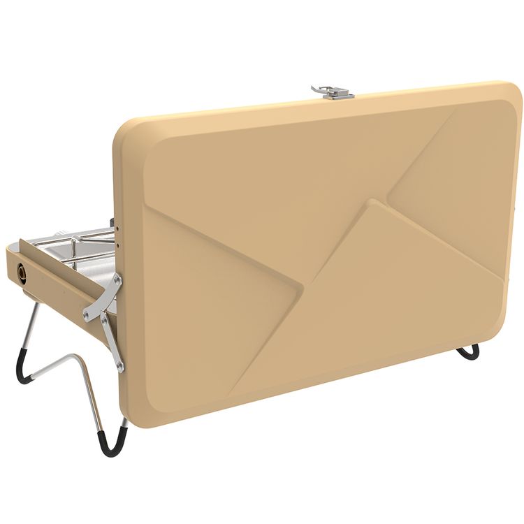 Porodo Dual-Burner Foldable Camping Stove with Instant Electronic Ignition, 2500W Thermal Load, Precision Flame Control, 4.5mm Stainless Steel Cooking Grid, Iron Body with Powder Coating Material - Khaki