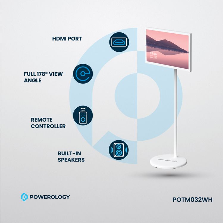 Powerology 32" Android Smart Screen, 15600 mAh Battery Capacity, 5 MP Camera, HDMI, USB-C, USB-A, 3.5 mm Audio Jack Ports, 3-Pin UK Plug - White