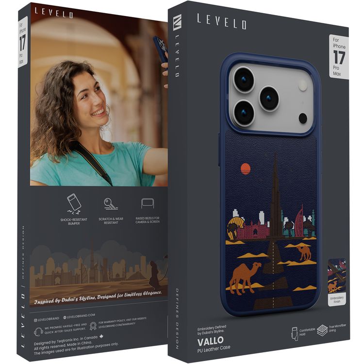 Levelo Vallo PU Leather Case for iPhone 17 Pro Max with Embroidery Dubai Finish, Comfortable Hold, Durable PU Leather, Raised Bezels for Camera and Screen, True Microfiber Interior Lining, Scratch & Wear Resistant, Shock-Resistant Bumper - Cobalt Blue