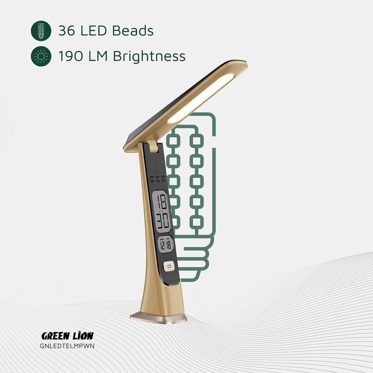 Green Lion LED Table Lamp with ABS Material, 1800mAh Battery Capacity, Cold-Natural-Warm Light Modes, 3.5 Hours Working Time, Adjustable Brightness & Angle, Digital Time & Date - Wooden