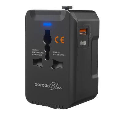 Porodo Blue Dual Port 20W Power Delivery and 18W Quick Charge Universal Wall Charger with US/AU/EU/UK Plugs, Built-in Safeguards - Black